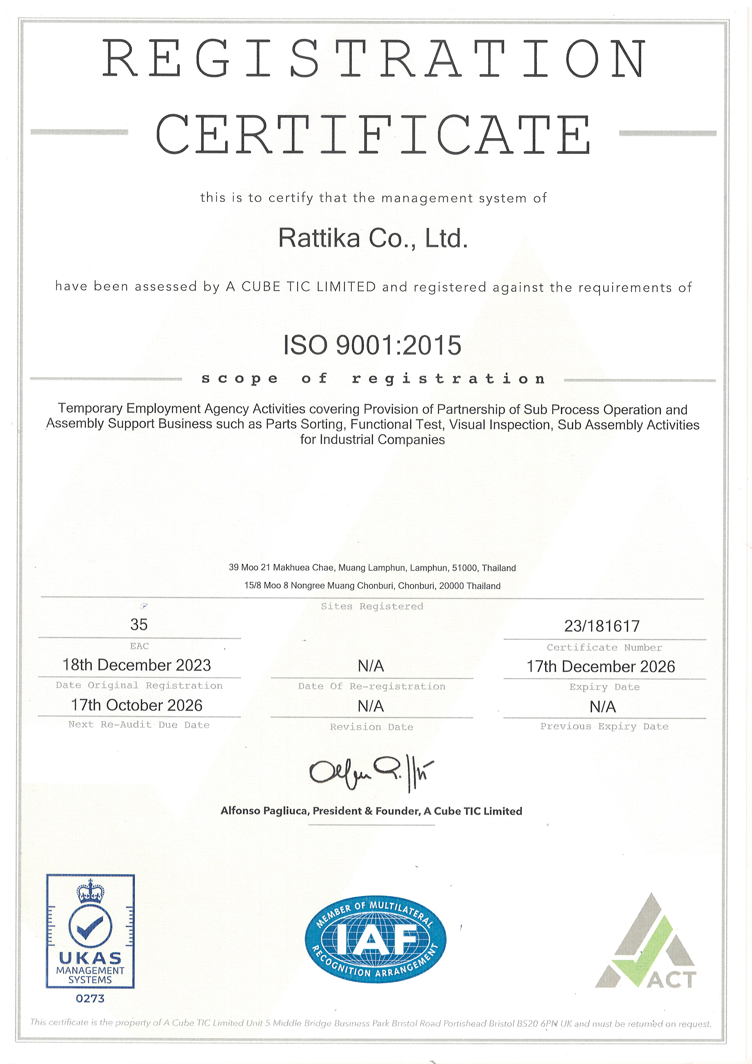 ISO 9001:2015 Registration Certificate